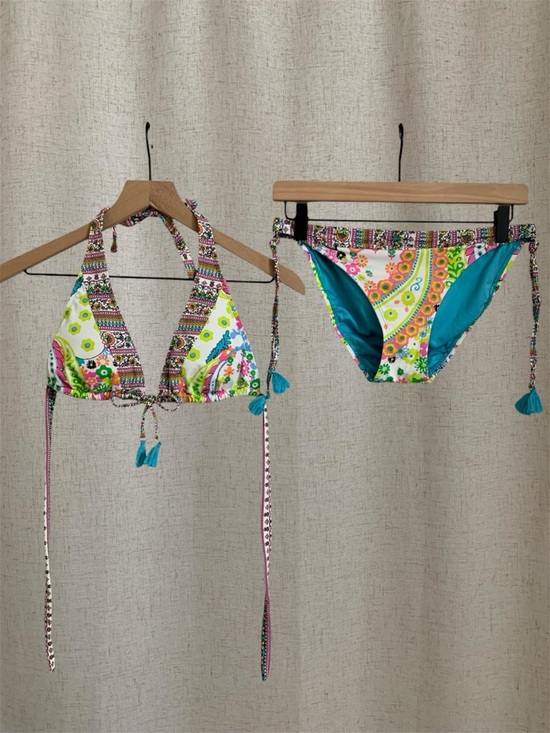Bleu Rod Beattie Other - Rod Beattie Bleu Colorful Paisley Halter Bikini Set Tassels Teal Neon Accents 6